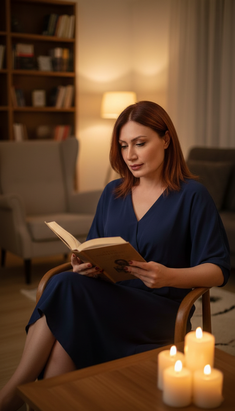 Sıdıka Boyacıoğlu sakin bir odada kitap okurken